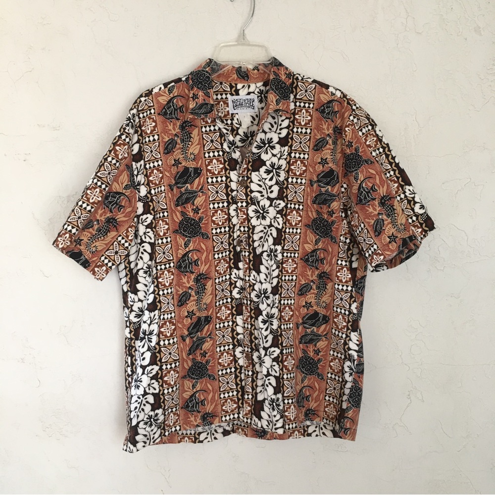 VTG MEN'S ISLAND STYLE DESIGNS SEAHORSE TURTLE FISH FLORAL HAWAIIAN SHIRT LARGE